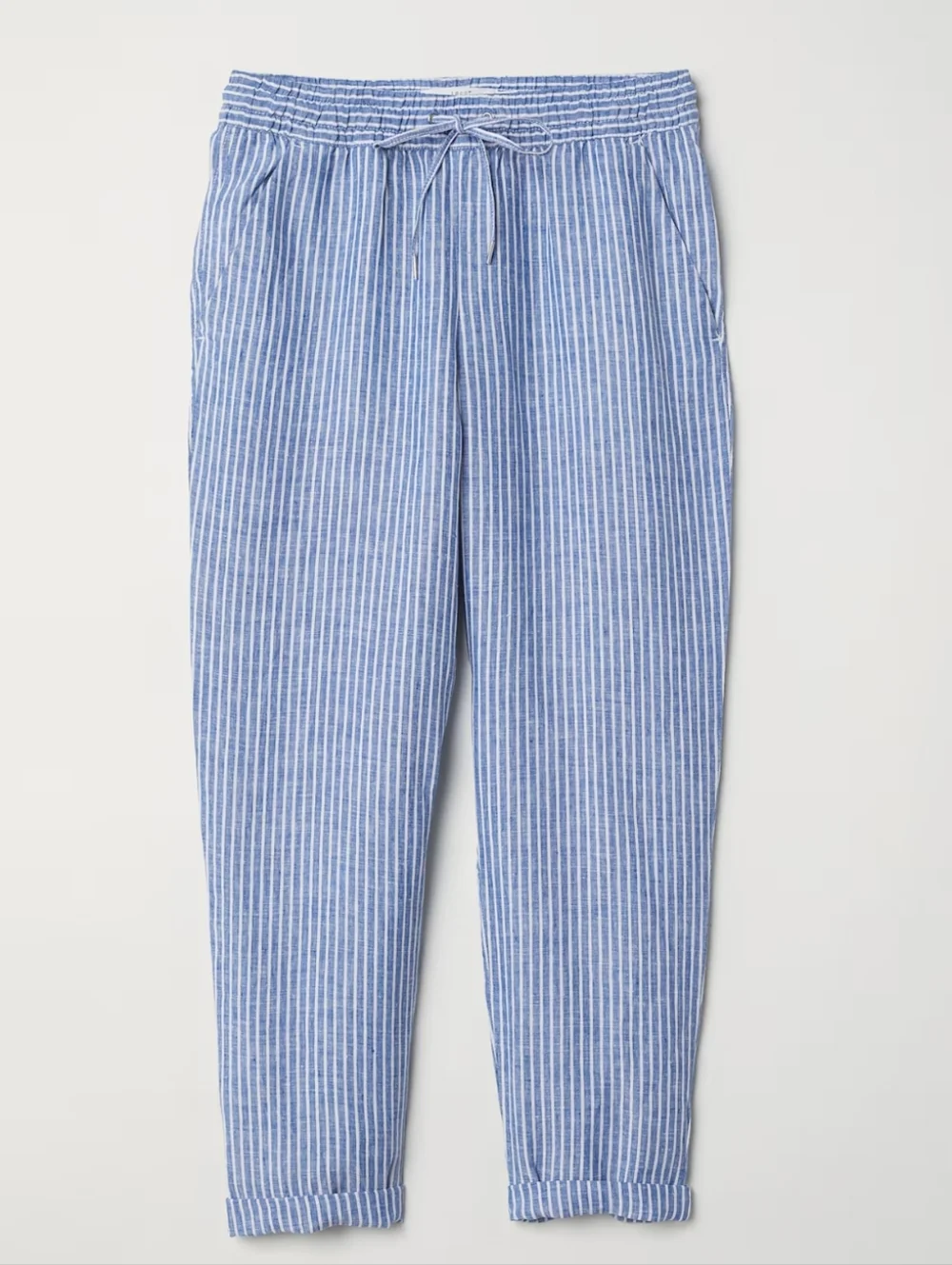 H&M Blue and White Striped Drawstring Linen Pants Small Women's Preppy Summer